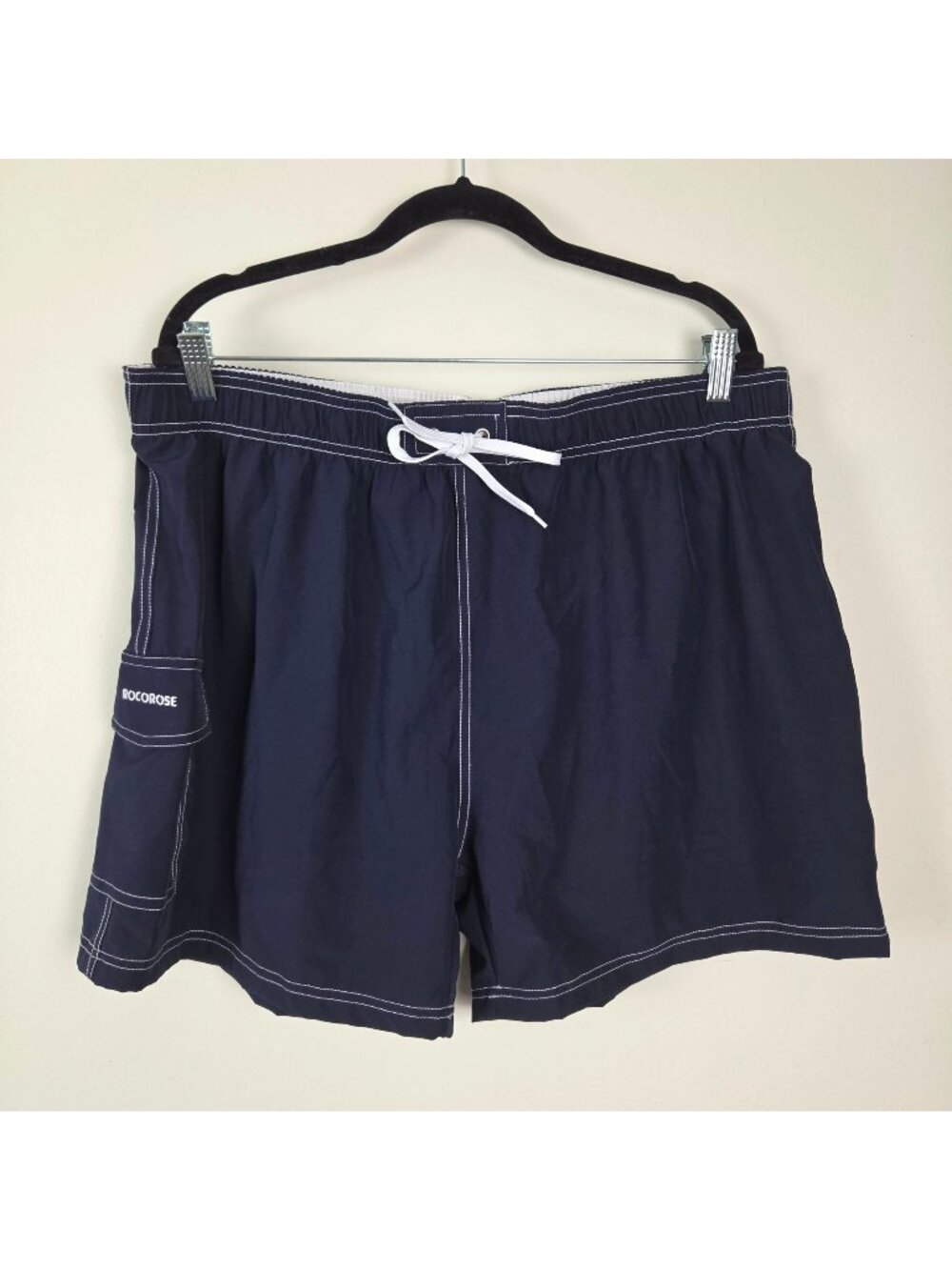 Mens XXL Navy Blue Swim Trunks with Side Pocket & Drawstring Elastic Waist